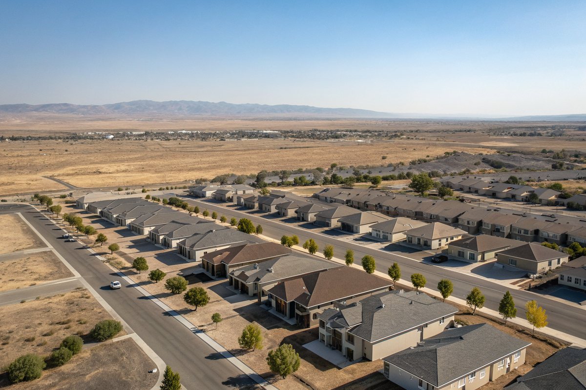 Aerial view of rows of shingle roofs in a new valley subdivision with mountains beyond