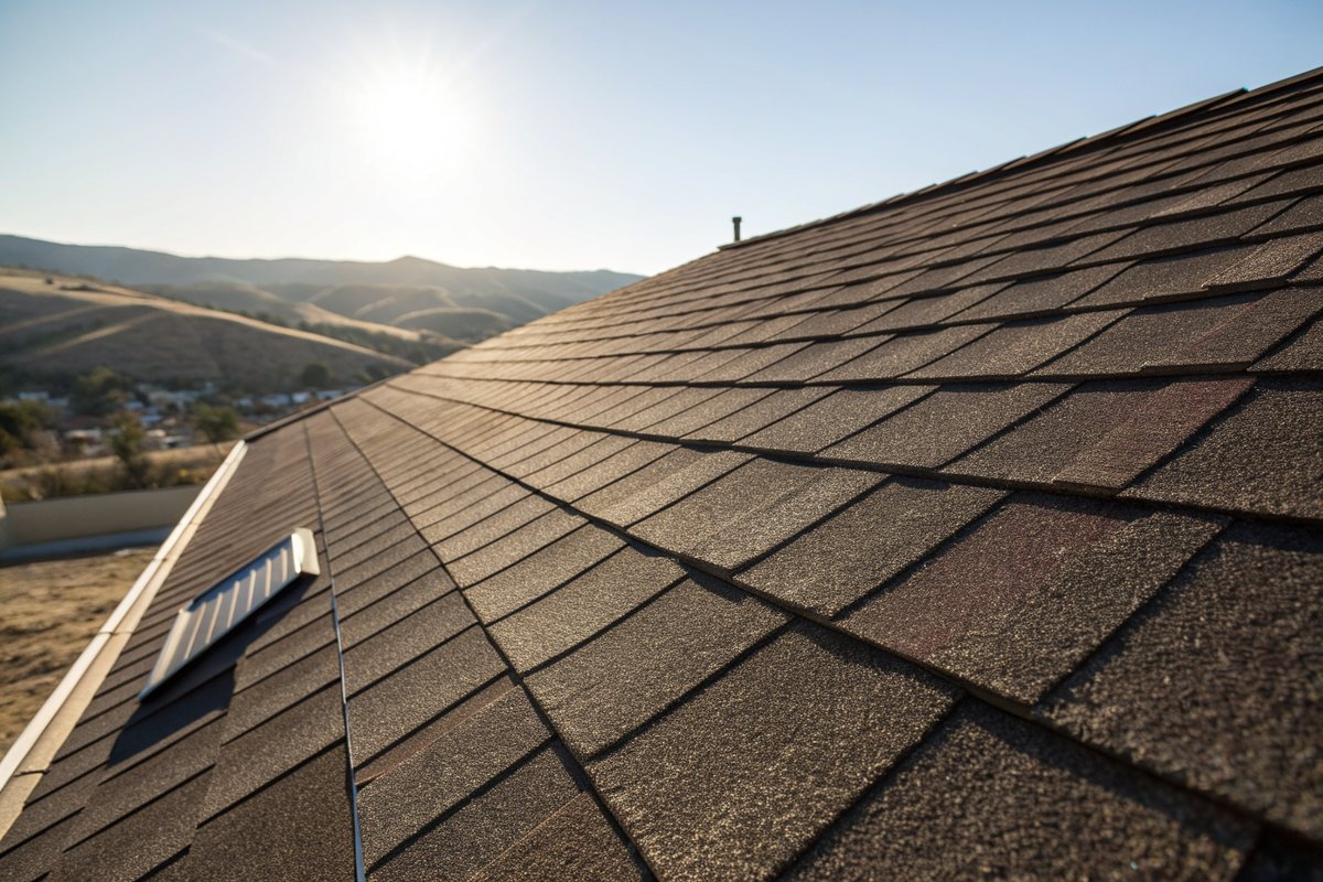 Close view of new brown architectural shingles and a ridge vent in bright sun