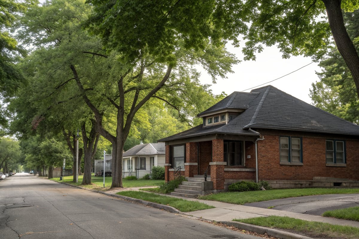 A small brick bungalow with a dark shingle roof and a covered porch on an older street