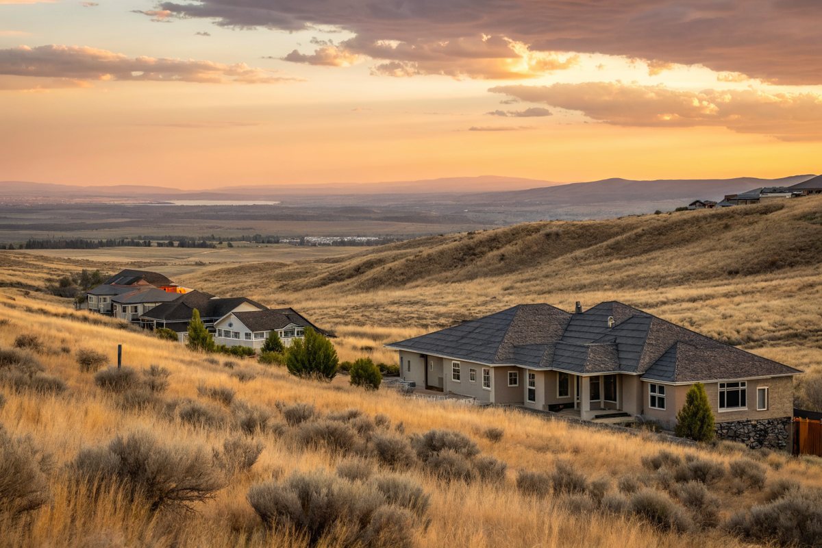 Homes with shingle roofs at the edge of dry sagebrush foothills at sunset