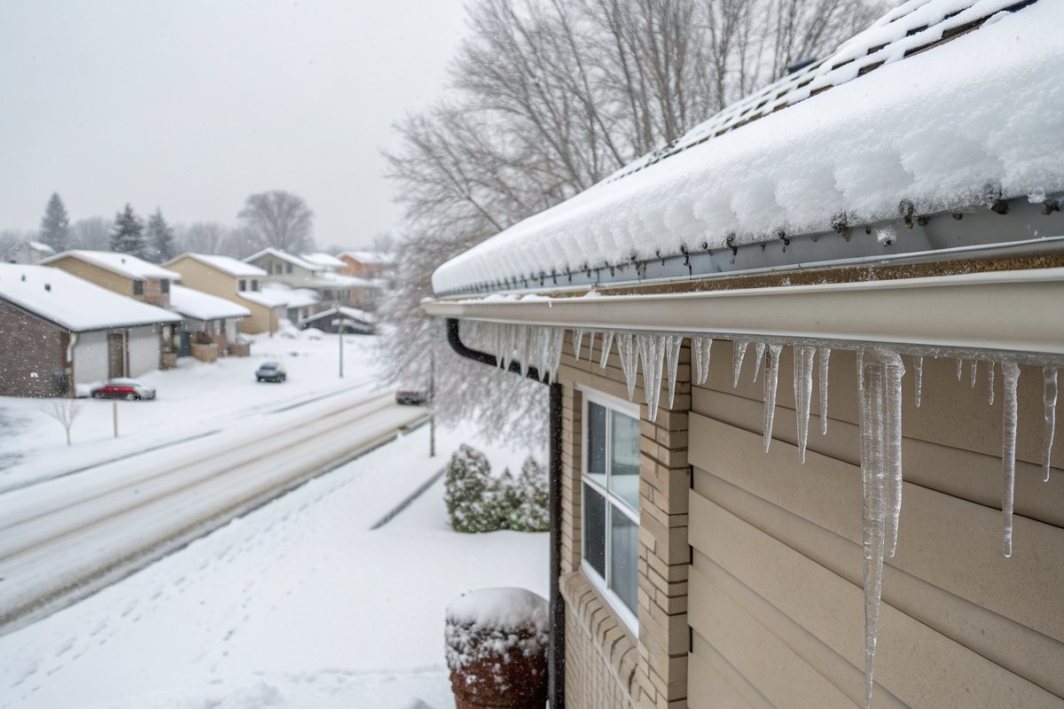 Deep snow on a house roof with icicles along the gutter