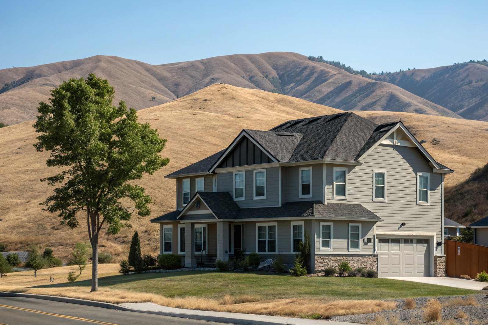 A two-story gray craftsman home with a dark shingle roof below brown foothills