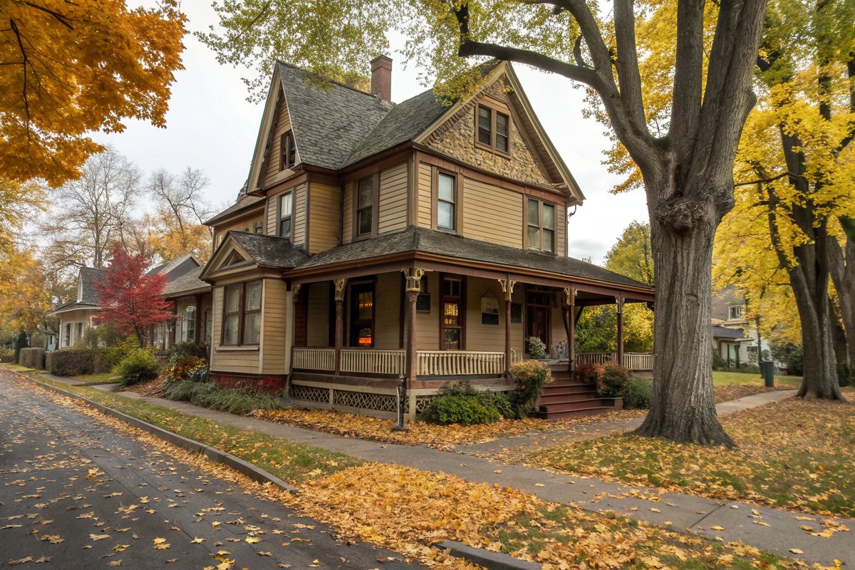 A Queen Anne style wooden house with a steep shingle roof and porch among autumn trees