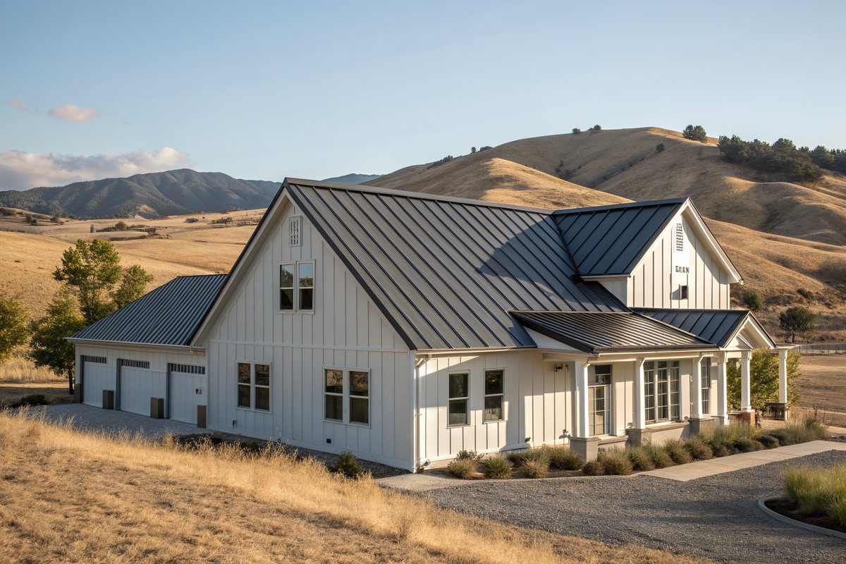 A white farmhouse with a dark standing-seam metal roof below golden foothills