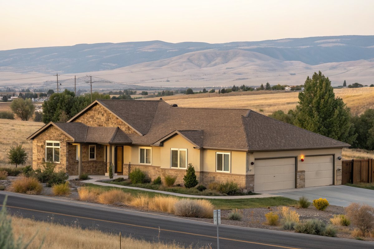 A single-story tan ranch home with a brown shingle roof below sagebrush hills