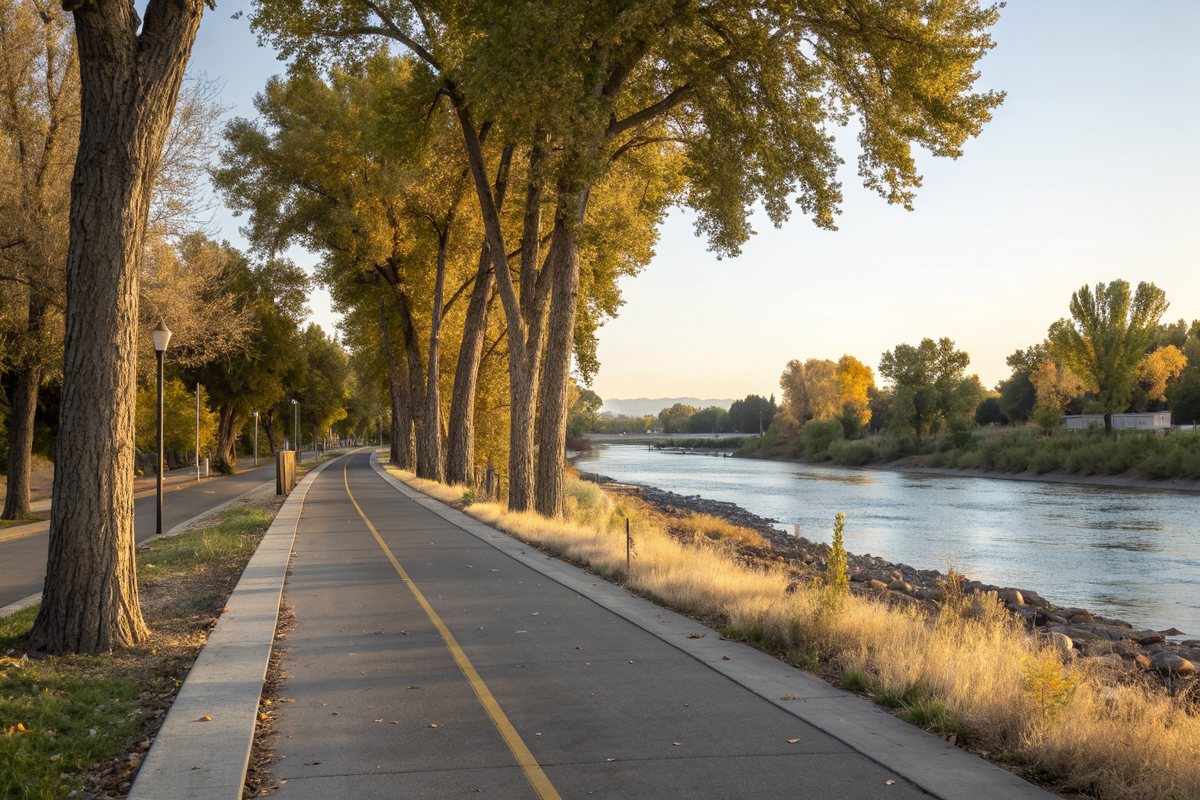 A paved riverside path lined with tall cottonwood trees in golden light