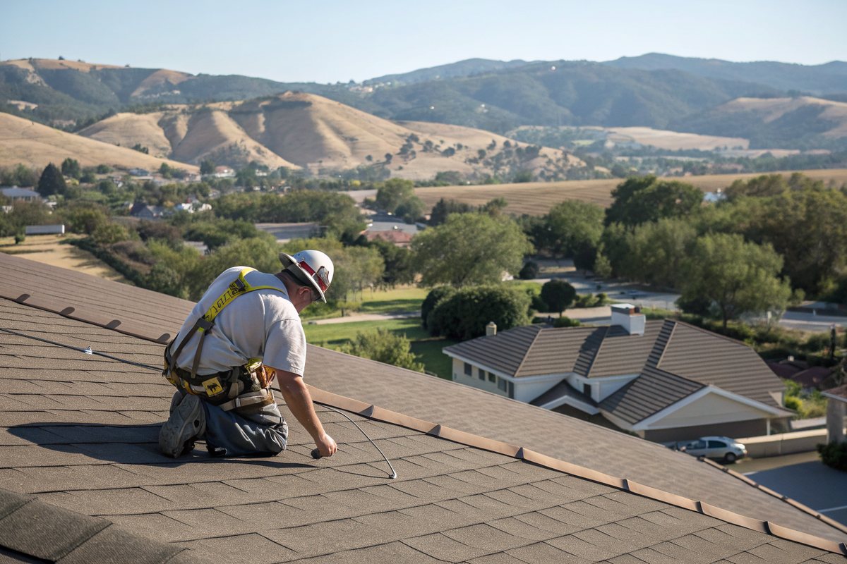 A roofer in a safety harness checking shingles on a sunny day, hills behind