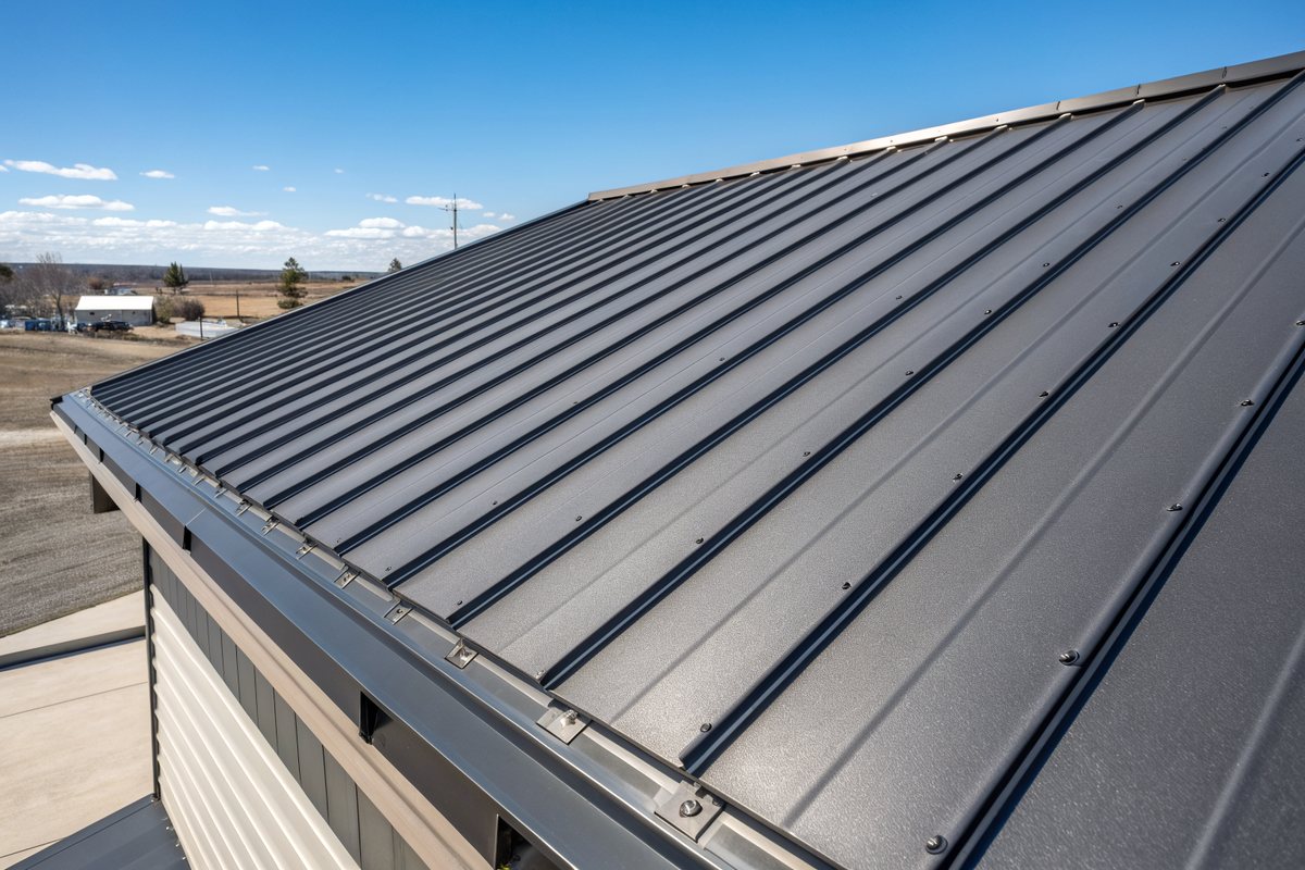 Close view of charcoal standing-seam metal roof panels against a blue sky