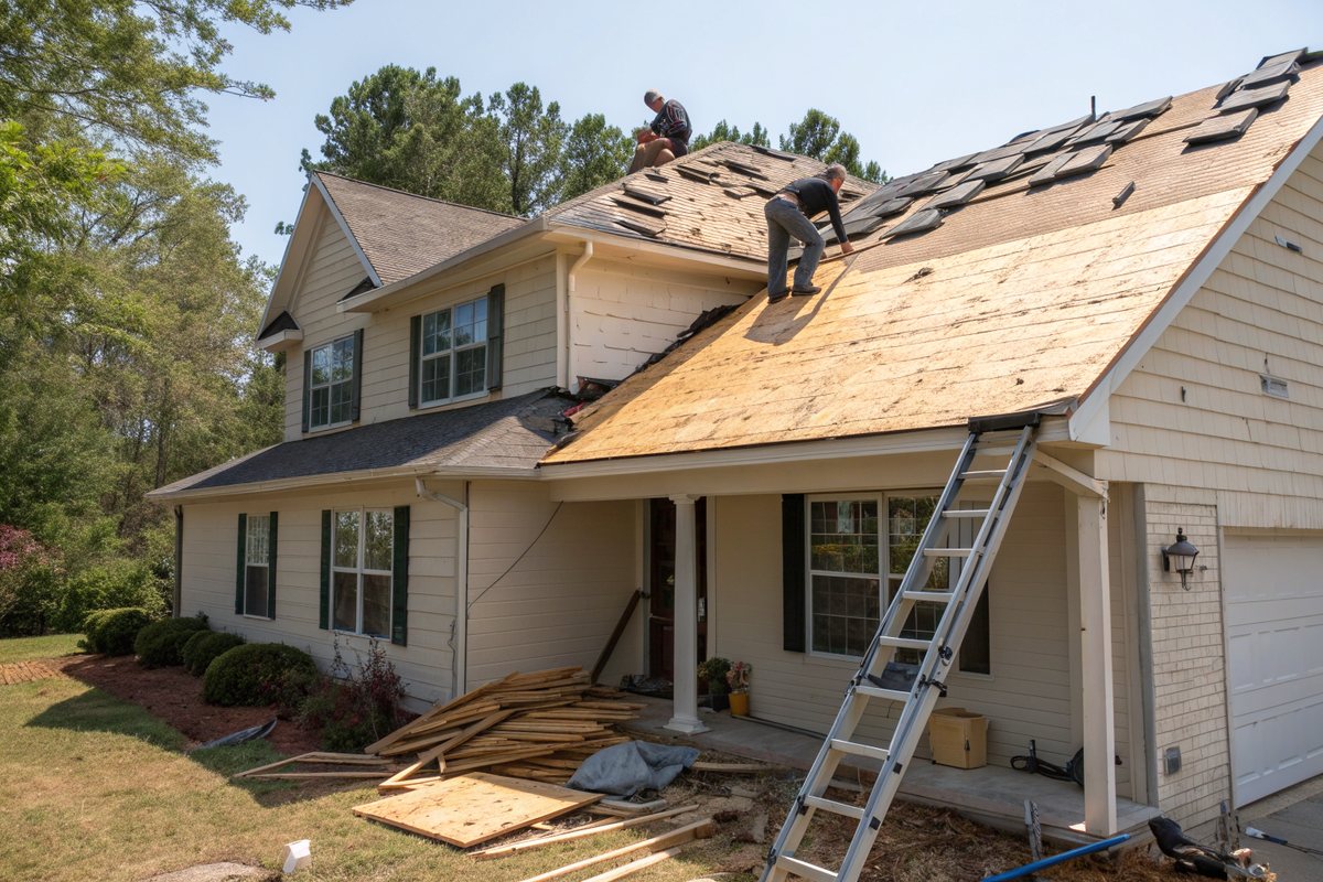 A two-story house mid-replacement with old shingles stripped to the decking
