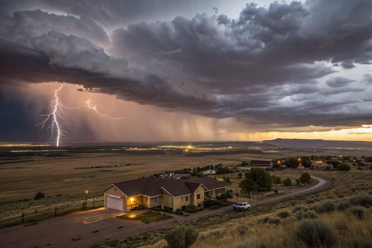 Lightning under dark storm clouds over a valley with homes at dusk