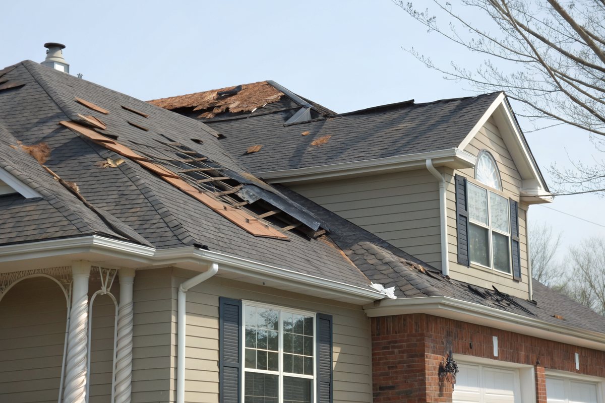 Torn and lifted shingles near the ridge of a suburban house roof