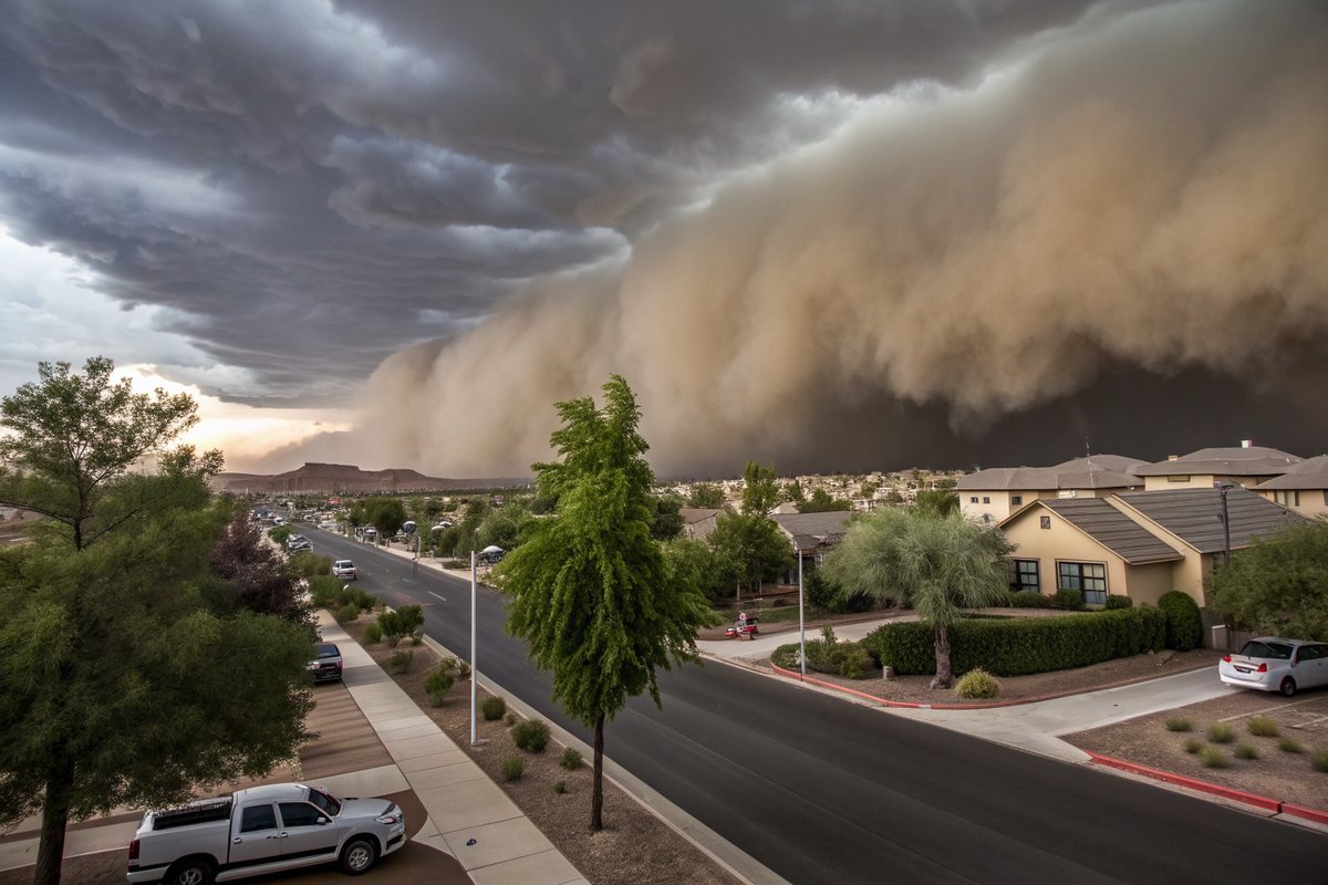 A dust storm and dark clouds rolling over a valley neighborhood